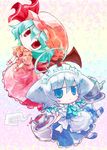  ahoge angeltype animal_ears blue_eyes chibi dog_ears dog_tail inu_sakuya izayoi_sakuya multiple_girls red_eyes remilia_scarlet tail tea teapot touhou 