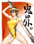  1girl arm_up bang-you bangs bb breasts brown_eyes brown_hair chains club crossover female hairband highleg highleg_swimsuit holding horns huge_weapon kill_bill large_breasts looking_at_viewer one-piece_swimsuit parody sideboob solo spikes swimsuit weapon 