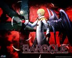 angel baroque_(series) black_wings blonde_hair coat copyright_name cowboy_shot letterboxed long_sleeves male_focus official_art outstretched_arm sleeve_cuffs solo standing text_focus uniform wings 