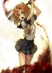  angry blood brown_hair hatchet higurashi_no_naku_koro_ni kishida_mel legs nose_hatchet open_mouth ryuuguu_rena school_uniform serafuku short_hair short_sleeves skirt solo weapon 