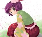  ahoge blush brown_eyes floral_print from_behind hair_ornament hairpin hieda_no_akyuu japanese_clothes kimono long_sleeves looking_at_viewer looking_back midori_ya petals pleated_skirt purple_hair red_skirt short_hair skirt solo touhou wind 