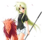  aoi_wakusei arf bardiche blonde_hair cowboy_shot creature fate_testarossa holding holding_weapon long_hair looking_at_viewer lyrical_nanoha mahou_shoujo_lyrical_nanoha polearm red_eyes rod short_shorts shorts sidelocks simple_background staff standing thighs very_long_hair weapon white_background 