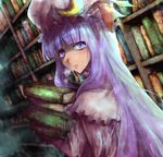  blue_eyes blush book bookshelf face hat library long_hair looking_back nekokun patchouli_knowledge purple_hair solo tears touhou voile 