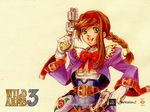  belt bow braid brown_hair copyright_name dual_wielding green_eyes gun hairband holding juliet_sleeves logo long_hair long_sleeves official_art ooba_wakako puffy_sleeves red_hairband ribbon sidelocks single_braid smile solo virginia_maxwell wallpaper weapon wild_arms wild_arms_3 yellow_background 