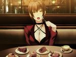  black_bra bra breasts brown_hair business_suit cake choker cleavage cross cup dessert eating food fork formal game_cg gekkou_no_carnevale holding holding_fork holding_spoon jacket jewelry large_breasts latin_cross lingerie lipstick looking_at_viewer makeup necklace oosaki_shin'ya open_mouth pastry pie pov_across_table rebecca_(gekkou_no_carnevale) short_hair skirt_suit solo spoon suit teacup underwear yellow_eyes 