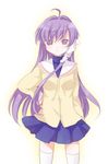  clannad fujibayashi_kyou glaring hair_ribbon hand_on_hip hikarizaka_private_high_school_uniform long_hair namori purple_eyes purple_hair ribbon school_uniform solo thighhighs zettai_ryouiki 