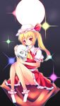  ascot bad_id bad_pixiv_id blonde_hair blush bobby_socks body_blush closed_mouth diffraction_spikes flandre_scarlet full_body full_moon hat holding holding_skull knees_together_feet_apart knees_up long_hair mob_cap moon nanamomo_rio no_shoes pigeon-toed puffy_short_sleeves puffy_sleeves red_eyes red_skirt red_vest shirt short_sleeves side_ponytail sitting skirt skirt_set skull sky smile socks solo star_(sky) starry_sky touhou vest white_legwear white_shirt yellow_neckwear 