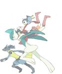  black_hair carrying closed_eyes gallade gen_4_pokemon hikari_(pokemon) lucario oekaki piggyback piplup pokemon pokemon_(creature) racing running scarf simple_background skirt taoru_(t_kiji) white_background 