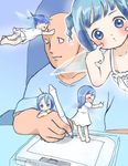  4girls barefoot blue_eyes blue_hair blush copyright_request drawing_tablet fairy flying hug kicham minigirl multiple_girls short_hair size_difference stylus wings 