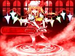  :d ascot bad_id bad_pixiv_id blonde_hair buckle fangs flandre_scarlet fog frilled_sleeves frills full_body gloves glowing hat hat_ribbon hexagram holding holding_sword holding_weapon long_hair looking_at_viewer magic_circle mob_cap moon nanamomo_rio night night_sky one_side_up open_mouth puffy_short_sleeves puffy_sleeves red red_background red_eyes red_ribbon red_skirt ribbon short_sleeves skirt skirt_set sky smile solo sword thighhighs touhou weapon white_gloves white_legwear window wings yellow_neckwear 