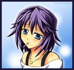  artist_request bare_shoulders blue_eyes candy collarbone food jewelry lollipop looking_at_viewer mouth_hold necklace off-shoulder_shirt purple_hair rosario+vampire shirayuki_mizore shirt short_hair solo upper_body white_shirt 