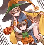  age_difference bad_id bad_pixiv_id bare_shoulders bat_wings blue_eyes breast_rest breasts breasts_on_head cape china_dress chinese_clothes copyright_request costume dress glasses halloween hat jack-o'-lantern large_breasts mature mole mole_under_mouth mother_and_daughter multiple_girls nakamura_tetsuya pumpkin side_slit smile trick_or_treat wings witch witch_hat 
