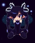  beako black_hair elbow_gloves flat_chest gloves hair_over_one_eye original pointy_ears red_eyes solo thighhighs tongue torotei twintails 