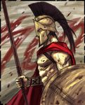  300 aspis cape helmet hoplite leonidas male_focus muscle polearm shield solo tetsu_(kimuchi) weapon 
