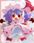  :d arm_up blue_hair blush_stickers chibi hat oka_(bananashoe) open_mouth outstretched_arm pink_hat red_eyes remilia_scarlet ribbon smile solo touhou wings zoom_layer 