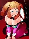  animal_ears blue_eyes bow bowtie breasts bunny_ears bunnysuit cleavage igarasy kneeling large_breasts original pantyhose red_hair solo 