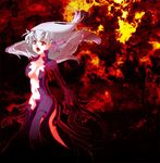  breasts cleavage dark_sakura fate/stay_night fate_(series) hair_ribbon large_breasts long_hair maebari matou_sakura open_clothes open_mouth red_eyes revealing_clothes ribbon silver_hair solo striped wind yamatake_lao 