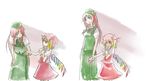  beret china_dress chinese_clothes crystal demon_wings dress flandre_scarlet green_dress green_eyes hat height_difference holding_hands hong_meiling mob_cap multiple_girls puffy_short_sleeves puffy_sleeves red_dress red_hair satou short_sleeves simple_background star touhou white_background wings 