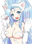  animal_ears big_hair blue_eyes blue_hair blush breasts cat_ears claws felicia kojima_saya large_breasts long_hair open_mouth sketch solo translated upper_body vampire_(game) 
