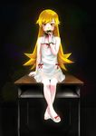  bad_id bad_pixiv_id bare_shoulders barefoot black_background blonde_hair bracelet desk doughnut dress food golden_chocolate jewelry legs long_hair long_legs monogatari_(series) nisemonogatari on_desk oshino_shinobu pointy_ears red_eyes sandals school_desk see-through shoes single_shoe sitting sitting_on_desk solo 