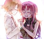  1girl amputee bare_shoulders blood brown_hair closed_eyes colored_eyelashes formal happy holding_hands jewelry long_hair mirai_nikki necktie nekotya nishijima_masumi open_mouth purple_hair ring sidelocks simple_background smile spoilers suit tears uryuu_minene white_background 