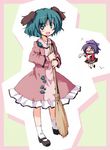  animal_ears bamboo_broom black_hair broom closed_eyes fang green_eyes green_hair hat hime_takeo hopping kasodani_kyouko miyako_yoshika multiple_girls ofuda open_mouth outstretched_arms shoes short_hair skirt star touhou zombie_pose 