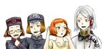  3girls blue_eyes blush bob_cut brown_eyes brown_hair cecily_(last_exile) dio_eraclea fuutsura glasses goggles hat last_exile last_exile:_gin'yoku_no_fam lavie_head multiple_girls red_hair short_hair smile tassel uniform white_hair wina_lightning 