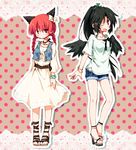  alternate_costume alternate_hairstyle animal_ears bell black_hair black_wings bow braid cat_ears contemporary fang hair_bow high_heels hime_takeo jingle_bell kaenbyou_rin long_hair multiple_girls one_eye_closed open_mouth red_eyes red_hair reiuji_utsuho shoes shorts touhou twin_braids vest wings 