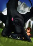 anus black_scales dragon feral flaccid genital_slit hiccup hiccup_(httyd) how_to_train_your_dragon human lando looking_at_viewer male mammal night_fury penis penis_tip presenting slit toothless upside_down wings young 
