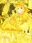  alternate_color alternate_costume alternate_hair_color awai_shiro bad_id bad_pixiv_id bow dress food fruit gold gold_bar green_eyes hat hinanawi_tenshi leaf long_hair peach sitting smile solo touhou yellow yellow_eyes 