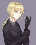  ahoge artoria_pendragon_(all) bad_id bad_pixiv_id black_gloves blue_eyes butcher_shop fate/zero fate_(series) formal gloves long_hair necktie pant_suit ponytail saber simple_background solo suit 