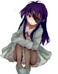  bad_id bad_pixiv_id colored_eyelashes eyepatch hiharo long_hair mirai_nikki open_mouth pajamas pantyhose polka_dot purple_hair robe simple_background slippers solo uryuu_minene white_background 