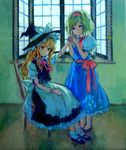  acrylic_paint_(medium) alice_margatroid ama-tou apron blonde_hair blue_eyes bow braid capelet character_doll doll_joints hairband hat hat_bow kirisame_marisa long_hair multiple_girls shoes short_hair single_braid touhou traditional_media waist_apron white_bow witch_hat yellow_eyes 