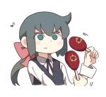  1girl black_hair bow constanze_amalie_von_braunschbank-albrechtsberger expressionless green_eyes hair_bow holding instrument little_witch_academia long_ponytail luna_nova_school_uniform maracas nakkasu school_uniform solid_eyes solo upper_body 