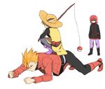  2boys blonde_hair boots clenched_hands drawr fishing_rod hat hirosuke_(psychexx) holding holding_fishing_rod jacket multiple_boys orange_hair poke_ball pokemon pokemon_special red_hair reverse_trap silver_(pokemon) simple_background sitting waist_poke_ball wataru_(pokemon) white_background yellow_(pokemon) 