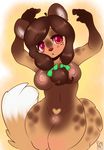  bow breasts brown_hair chibi chubby female hair looking_at_viewer multicolored_eyes nipples nude open_mouth pussy ribbons solo spots unknown_species yuuri 