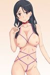  1girl bdsm black_hair breasts brown_eyes collar fukiyose_seiri harness ichihisa long_hair looking_at_viewer nipples pubic_hair seiri_fukiyose slave solo to_aru_majutsu_no_index v 