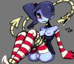 anus bare_shoulders bdsm blue_hair blue_skin blush bondage bound breasts detached_sleeves hair_over_one_eye legs_together leviathan_(skullgirls) long_hair medium_breasts nipples no_pants pussy red_eyes restrained sho-n-d side_ponytail sitting skull skullgirls solo squigly_(skullgirls) stitched_mouth stitches striped striped_legwear thighhighs zombie 