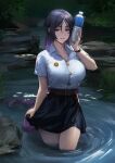  1girl absurdres bangs belt black_skirt bottle breasts buttons cleavage dokshuri fate/grand_order fate_(series) forest highres large_breasts long_hair looking_at_viewer minamoto_no_raikou_(fate) nature outdoors parted_bangs parted_lips partially_submerged purple_eyes purple_hair school_uniform shirt skirt skirt_hold smile solo stream very_long_hair water_bottle wet white_shirt 