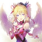  :d angel_wings bangs bare_shoulders blonde_hair blue_eyes cat dress hair_between_eyes hair_ribbon heart heart-shaped_pupils holding looking_at_viewer mercy_(overwatch) open_mouth overwatch pink_dress pink_mercy pink_ribbon ribbon road_233 smile solo symbol-shaped_pupils twintails upper_body wings 