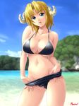  beach bikini blonde_hair blue_eyes breasts day highres horns kagehara_hanzou large_breasts original outdoors solo swimsuit 