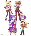 2girls animal_ears armcho arms_behind_head blonde_hair blue_eyes blush_stickers boots brown_eyes brown_hair cat_(trickster) cross-laced_footwear dragon_(trickster) fox_(trickster) glasses head_wings midriff multiple_boys multiple_girls multiple_tails navel open_mouth purple_eyes purple_hair raccoon_(trickster) skirt tail thighhighs trickster 