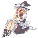  adjusting_hair blonde_hair blush bow brown_eyes can dress hair_bow hat hat_bow high_heels kirisame_marisa long_hair petticoat shizumi_satou shoes solo touhou white_bow witch_hat 