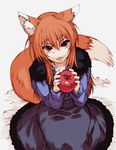  1girl animal_ears apple apples brown_hair dress fang food fruit hisahiko holo horo long_hair red_eyes solo spice_and_wolf tail wolf_ears wolf_tail 