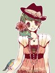  :3 animal_on_arm bad_id bad_pixiv_id bird bird_on_arm copyright_request crazy_eyes green_hair hat long_hair lowres maca smile solo 