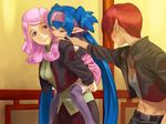  bad_id bad_pixiv_id blue_hair carrying child jacket klan_klein lips long_hair macross macross_frontier meltrandi midriff multiple_girls navel nene_rora piggyback pink_hair pointy_ears poking raramia_rerenia red_hair shimotsuki_eight sleeping thighhighs uniform very_long_hair 