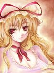  blonde_hair breasts choker cleavage color_ink_(medium) eyebrows face hat large_breasts lips long_hair red_eyes ribbon ribbon_choker smile solo sugai touhou traditional_media upper_body yakumo_yukari 