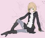  blonde_hair boots copyright_request green_eyes mksm pantyhose short_hair sitting sketch smile solo 