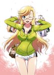  between_breasts blonde_hair breasts cleavage glasses green_eyes green_shirt headphones headphones_around_neck large_breasts long_hair mimura_ryou one_eye_closed original shirt short_shorts shorts solo strap_cleavage sweater thigh_gap 