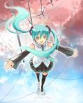  aqua_hair bad_id bad_pixiv_id hatsune_miku kakuno legs long_hair open_mouth outstretched_arms reflection ripples solo spread_arms thighhighs twintails vocaloid walking walking_on_liquid water wind_turbine windmill 